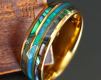Ocean Blue Opal Ring 14K Gold Wedding Band Mens Ring 8mm Tungsten Ring Men Wedding Band Yellow Gold Ring with Abalone Shell Boho Nature Ring