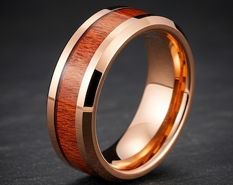 Anillo de madera de koa de 8 mm, alianza de boda de oro rosa, anillo para hombre con incrustaciones de madera tropical, alianzas de compromiso únicas de tungsteno para él.