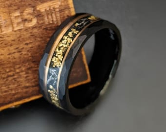 Black Hammered Ring Meteorite Wedding Band Mens Ring 18K Rose Gold Ring Mens Wedding Band Tungsten Ring 8mm Brushed Black Ring Gifts for Him
