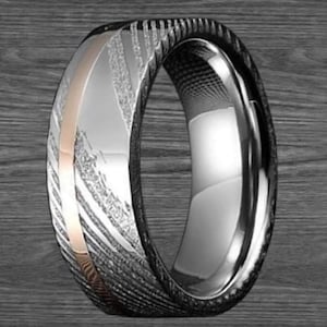 18K Rose Gold Ring Damascus Wedding Band Men Ring Stainless Steel Wedding Band Silver Damascus Ring with Rose Gold Inlay 8mm/6mm Couples Set