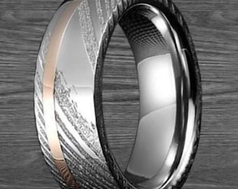 18K Rose Gold Ring Damascus Wedding Band Men Ring Stainless Steel Wedding Band Silver Damascus Ring with Rose Gold Inlay 8mm/6mm Couples Set