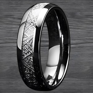 Silver Meteorite Wedding Bands Tungsten Ring Cosmic Meteorite Rings Mens Wedding Band with Meteor Inlay 6mm/8mm Unique Nebula Gifts for Him