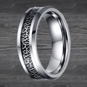 Silver Celtic Ring Mens Wedding Band Irish Ring Celtic Wedding Bands Tungsten Ring 6mm Celtic Knot Ring with Carbon Fiber Inlay Couples Set