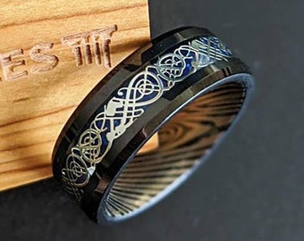 Black Mens Celtic Ring Tungsten Wedding Band Damascus Ring 8mm Viking Ring Mens Wedding Band Carbon Fiber Ring with Celtic Inlay Gothic Ring