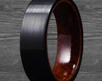 Black Wood Wedding Band Tungsten Ring Unique Mens Wedding Band Gothic Ring with Wooden Inlay 8mm Boho Koa Wood Rings for Anniversary Gifts