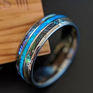 Abalone and Blue Opal Ring Mens Wedding Band - 8mm Unique Abalone Ring Tungsten Wedding Band Mens Ring - Opal Wedding Bands Womens Opal Ring