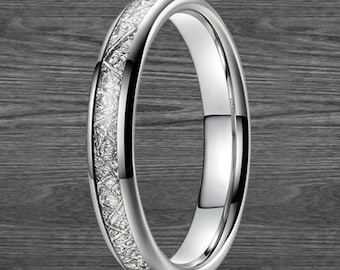 Silver Meteorite Ring Mens Wedding Band Tungsten Ring Thin Meteorite Wedding Bands Womens Ring Unique Meteorite Engagement Rings Couples Set