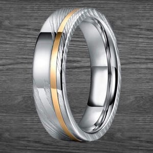 6mm/8mm Damascus Steel Ring with Rose Gold Inlay Couples Rings Damascus Ring Mens Wedding Band Silver Damascus Wedding Band Rose Gold Ring