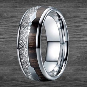 Silver Meteorite Ring Mens Wedding Band Wood Ring 8mm/6mm Tungsten Meteorite Wedding Band Koa Wood Ring Unique Galaxy His and Hers Ring
