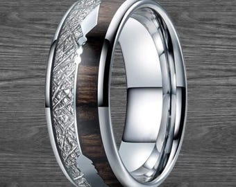 Silver Meteorite Ring Mens Wedding Band Wood Ring 8mm/6mm Tungsten Meteorite Wedding Band Koa Wood Ring Unique Galaxy His and Hers Ring