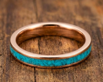 Anillo de turquesa en oro rosa de 18 quilates para mujer, alianza de boda, anillos de titanio, regalos de compromiso y aniversario, anillo bohemio fino de 4 mm con diseño de naturaleza para ella.