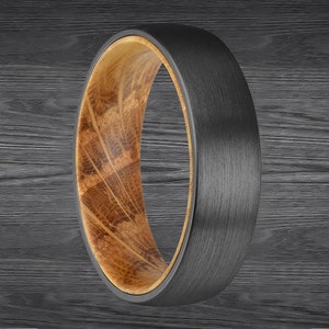 6mm Whiskey Barrel Rings for Men Black Tungsten Ring Recycled Whisky Bourbon Wood Rings Mens Wedding Band Wooden Promise Rings Couples Set