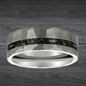 Meteorite Ring Mens Wedding Band Tungsten Ring 8mm Faceted Silver Meteorite Wedding Band Men Ring Unique Hammered Ring Black Meteorite Inlay