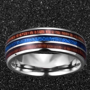 Silver Wood and Meteorite Ring Mens Wedding Band Tungsten Ring Blue Meteorite Wedding Band 8mm Celestial Ring with Wooden Inlay Gift for Him