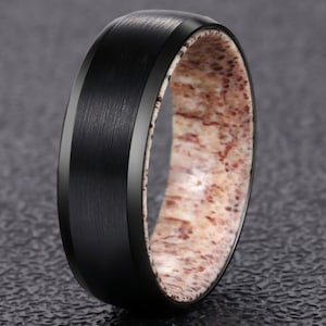 Rustic Deer Antler Ring Black Tungsten Mens Ring 8mm Unique Antler Wedding Band Tungsten Ring Mens Wedding Band Elk Stag Nature Gift for Him