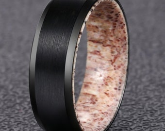 Anillo de asta de ciervo rústico, anillo de tungsteno negro para hombre, 8 mm, anillo de boda único con asta, anillo de tungsteno, anillo de boda para hombre, alce, ciervo, regalo de la naturaleza para él