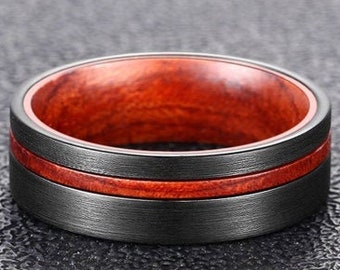 Tungsten Wedding Band Mens Ring - Unique Mens Wedding Band Wood Ring -  Wood Wedding Bands Womens Ring - Tungsten Wedding Rings for Men