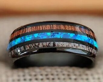 Black Opal Ring Mens Wedding Band Tungsten Ring, 8mm Black Ring Wooden Ring Antler Wedding Rings for Men Blue Opal Ring Unique Antler Ring