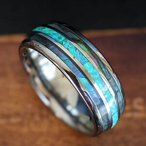 Ocean Green Opal Wedding Band Mens Ring with Abalone Shell Inlay 8mm Tungsten Opal Ring Mens Wedding Band Unique Silver Mens Engagement Ring