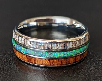 Green Opal Ring Mens Wedding Band Tungsten Ring Deer Antler Ring 8mm Koa Wood Ring Tungsten Wedding Band Mens Ring Unique Wooden Nature Ring