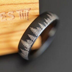 6mm Black Tungsten Ring Mens Wedding Band Nature Ring - Black Mens Ring Forest Tree Ring Couples Rings Tungsten Wedding Band Womens Ring