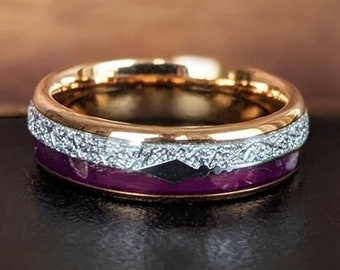 6mm Lapis Lazuli Ring Rose Gold Wedding Band Womens Ring, Rose Gold Ring Mens Wedding Band Tungsten Ring, Womens Wedding Band Meteorite Ring