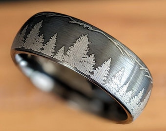 Mountain Ring Mens Wedding Band Tungsten Ring, Forest Tree Ring Tungsten Wedding Band Mens Ring, Gunmetal Ring Unique Nature Rings for Men