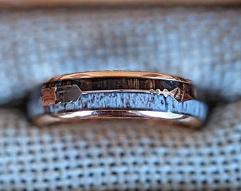 18K Rose Gold Wedding Band Tungsten Ring Thin 6mm Rose Gold Ring Mens Wedding Band Antler Ring Wood Wedding Bands Womens Ring Couples Set