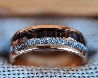 Meteorite Ring Mens Wedding Band Wood Ring - 18K Rose Gold Wedding Band Tungsten Ring - 8mm Rose Gold Ring Meteorite Arrow Inlay Mens Ring