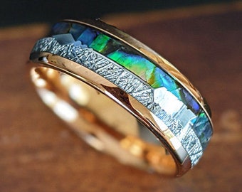 Meteorite Ring Mens Wedding Band Rose Gold Ring, Abalone Ring Rose Gold Wedding Band Mens Ring, Tungsten Ring Male Wedding Band Arrow Ring