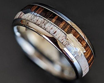 Anillo de madera de cebra, anillo de bodas para hombre, anillo de asta con incrustaciones de flecha, anillo de bodas de asta de ciervo para hombre, anillo de tungsteno único, anillo de plata natural