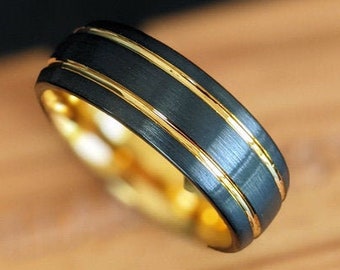 14K Gold Wedding Band Tungsten Ring - 8mm Dual Groove Black and Gold Rings for Men - Yellow Gold Ring Mens Wedding Band Black Ring Mens Ring