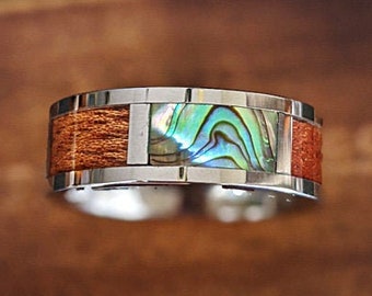 Silver Abalone and Wood Ring Mens Wedding Band Unique Wooden Ring 8mm Curved Wedding Band Tropical Anniversary or Engagement Rings for Him