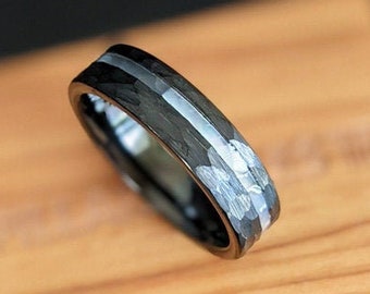 6mm/4mm Hammered Ring Mens Wedding Bands Mother of Pearl Ring, Black Ring Hammered Wedding Band Womens Ring Tungsten Mens Ring Couples Rings