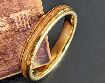 4mm Whiskey Barrel Ring Gold Wedding Bands Womens Ring Bourbon Wood Wedding Band Tungsten Ring Thin 14K Gold Ring Wooden Rings for Men