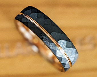 6mm Rose Gold Ring Tungsten Wedding Band Hammered Ring 18K Rose Gold Wedding Band Tungsten Ring Black Wedding Bands Womens Ring Couples Ring