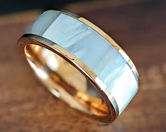 18K Rose Gold Mother of Pearl Ring Mens Wedding Band Tungsten Ring with Pearl Inlay Rose Gold Wedding Band Mens Ring 8mm/4mm Couples Rings