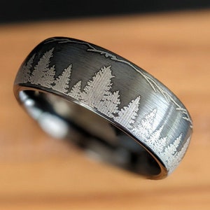 Mountain Ring Mens Wedding Band Tungsten Ring, Forest Tree Ring Tungsten Wedding Band Mens Ring, Gunmetal Ring Unique Nature Rings for Men