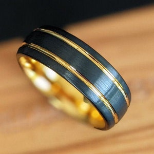 14K Gold Wedding Band Tungsten Ring - 8mm Dual Groove Black and Gold Rings for Men - Yellow Gold Ring Mens Wedding Band Black Ring Mens Ring