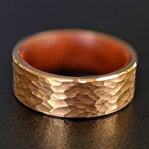 18K Rose Gold Hammered Ring Mens Wedding Band Tungsten Ring Koa Wood Wedding Band Mens Ring - 8mm Unique Rose Gold Ring Wood Inlay Mens Ring