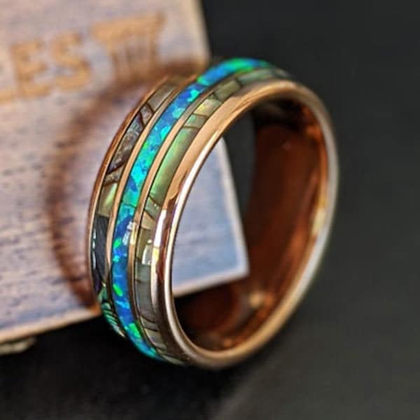 Rose Gold Ring Opal Wedding Band Mens Ring - Tungsten Ring Mens Wedding Band Blue Opal Ring - Rose Gold Wedding Band Mens Ring Abalone Ring