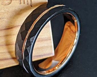 Thin 18K Rose Gold Wedding Band Womens Ring 4mm Black and Rose Gold Ring Womens Wedding Band Hammered Ring Unique Promise or Engagement Ring
