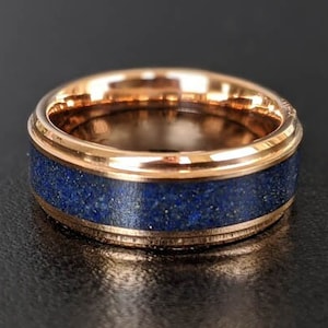 Lapis Lazuli Ring Mens Wedding Band Tungsten Ring Lapis Lazuli 18K Rose Gold Wedding Band Mens Ring 8mm Lapis Ring Unique Rose Gold Ring