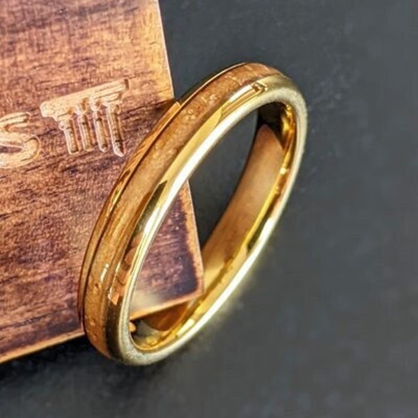 4mm Whiskey Barrel Ring Gold Wedding Bands Womens Ring Bourbon Wood Wedding Band Tungsten Ring Thin 14K Gold Ring Wooden Rings for Men