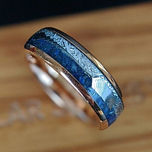 6mm Lapis Lazuli Ring Rose Gold Wedding Bands Women Ring Meteorite Ring Mens Wedding Band Tungsten Ring, Meteorite Lapis Ring Couples Rings