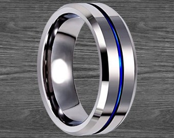 Silver Tungsten Ring Mens Wedding Band with Blue Groove Tungsten Wedding Band Mens Ring - Blue Ring Unique Wedding Ring Thin Blue Line Gifts