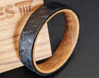 Thin Whiskey Barrel Ring Wood Wedding Band Mens Ring, 6mm Black Titanium Ring Mens Wedding Band Hammered Ring Bourbon Whiskey Ring Wood Ring