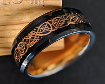 18K Rose Gold Ring Mens Viking Ring - Tungsten Wedding Band Celtic Knot Ring - Mens Celtic Ring Irish Ring Mens Wedding Band Tungsten Ring