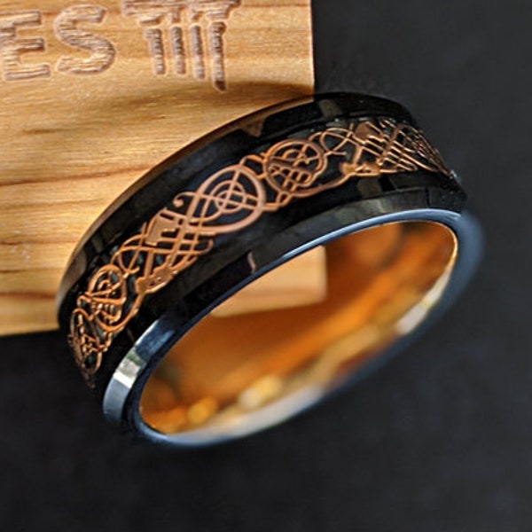 18K Rose Gold Ring Mens Viking Ring - Tungsten Wedding Band Celtic Knot Ring - Mens Celtic Ring Irish Ring Mens Wedding Band Tungsten Ring