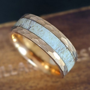 Deer Antler Ring Rose Gold Wedding Band Mens Ring, 8mm Hammered Wedding Band Mens Ring, Rose Gold Ring Mens Wedding Band Hammered Ring